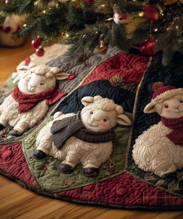 Green Patchwork Tree Skirt With Sheep In Red Hats — Made-To-Order Farmhouse Holiday Accent, Patchwork Quilted Look