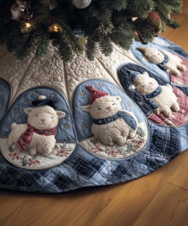 Soft Blue Sheep In Scarves Christmas Tree Skirt — Custom Made Pastoral Holiday Decor, Plush Fabric For Cozy Homes