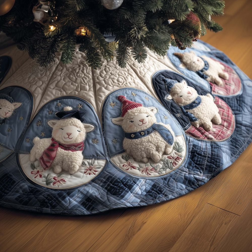 Soft Blue Sheep In Scarves Christmas Tree Skirt — Custom Made Pastoral Holiday Decor, Plush Fabric For Cozy Homes