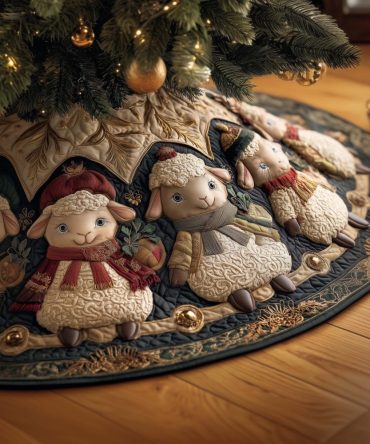 Sheep In Red Bonnets With Bells Tree Skirt — Made-To-Order Festive Holiday Skirt, Vintage-Inspired Cottage Charm