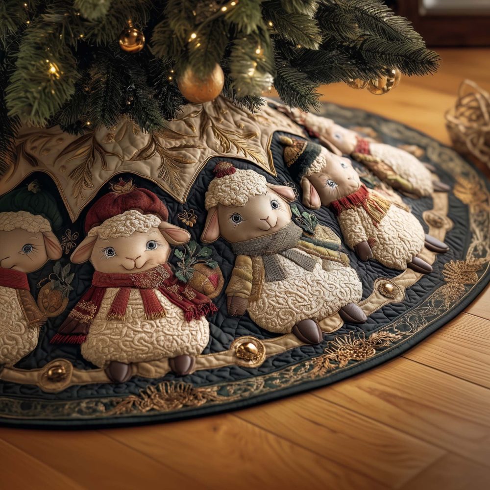 Sheep In Red Bonnets With Bells Tree Skirt — Made-To-Order Festive Holiday Skirt, Vintage-Inspired Cottage Charm