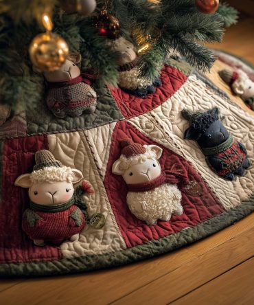 Cozy Sheep In Knit Sweaters Christmas Tree Skirt — Custom Made Farmhouse Style Holiday Accent, Soft Felt Construction