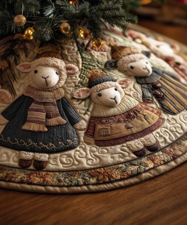 Handcrafted Sheep In Knitted Hats Tree Skirt — Made-To-Order Cream Holiday Skirt, Charming Farmhouse Christmas Accent