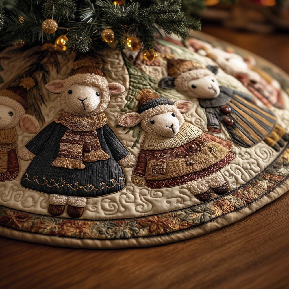 Handcrafted Sheep In Knitted Hats Tree Skirt — Made-To-Order Cream Holiday Skirt, Charming Farmhouse Christmas Accent