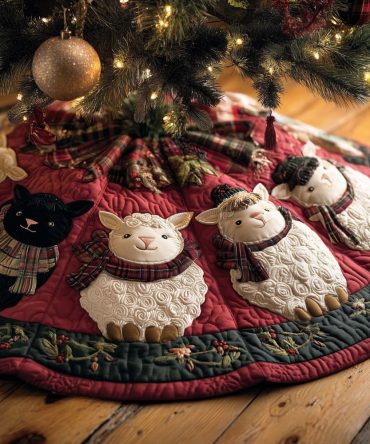 Handmade Black Cat & Sheep Christmas Tree Skirt — Made-To-Order Farmhouse Holiday Decor, Soft Durable Fabric