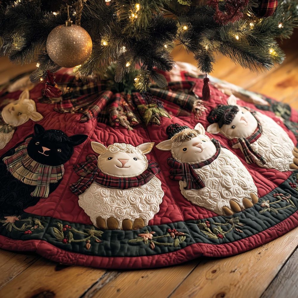 Handmade Black Cat & Sheep Christmas Tree Skirt — Made-To-Order Farmhouse Holiday Decor, Soft Durable Fabric