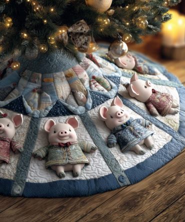 Blue Patchwork Christmas Tree Skirt With Cozy Pigs In Sweaters — Made-To-Order Handcrafted Holiday Quilted Skirt, Soft & Festive