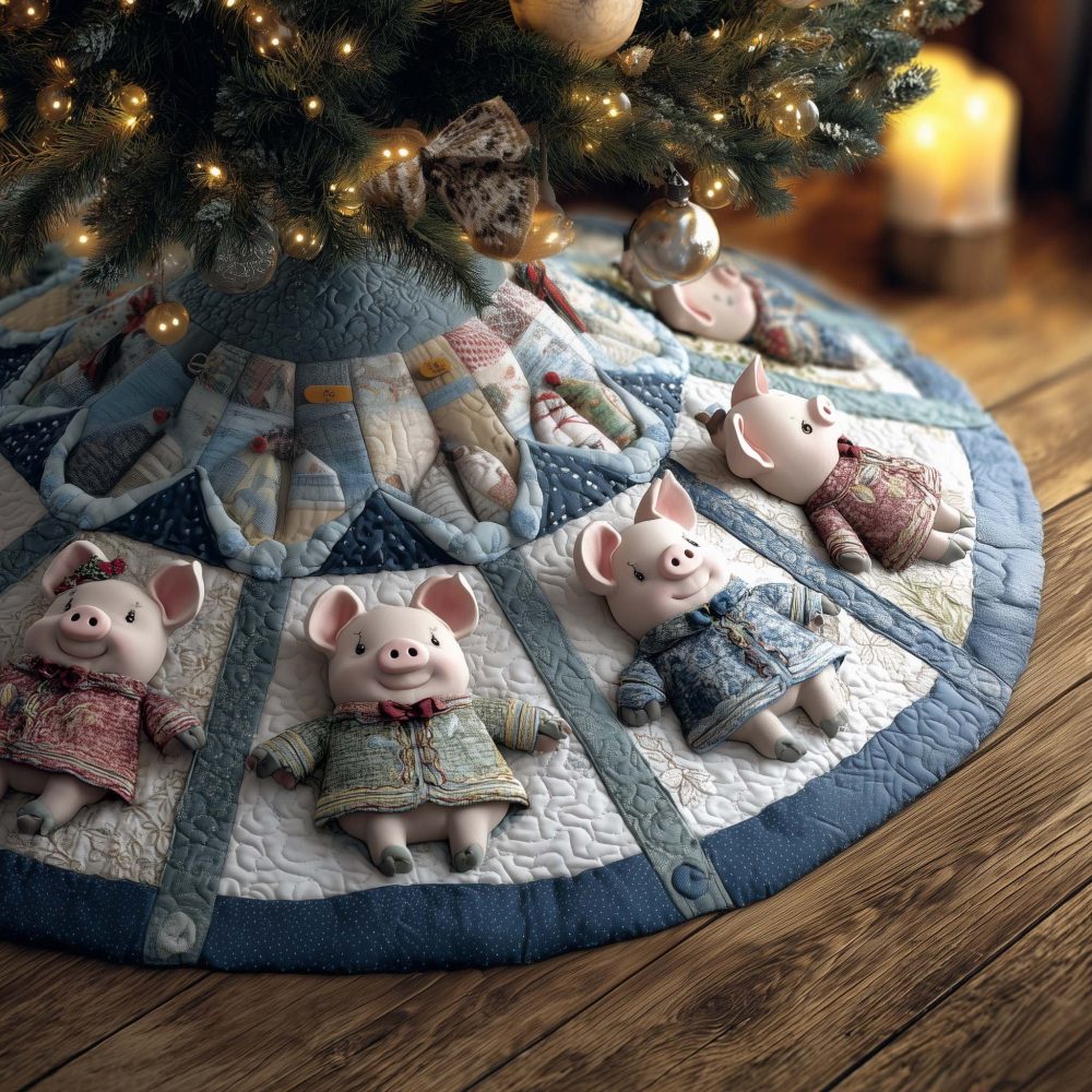 Blue Patchwork Christmas Tree Skirt With Cozy Pigs In Sweaters — Made-To-Order Handcrafted Holiday Quilted Skirt, Soft & Festive