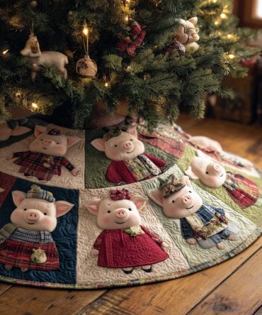 Patchwork Christmas Tree Skirt With Playful Pigs In Dresses - Handmade Quilted Holiday Skirt, Colorful Cottagecore Decor, Made To Order