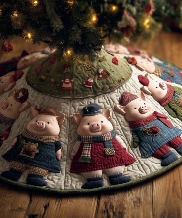 Green Quilted Christmas Tree Skirt With Adorable Pigs In Overalls - Made-To-Order Handcrafted Holiday Accent, Farmhouse Charm
