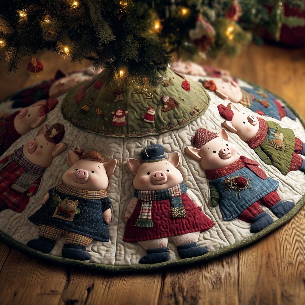 Green Quilted Christmas Tree Skirt With Adorable Pigs In Overalls - Made-To-Order Handcrafted Holiday Accent, Farmhouse Charm