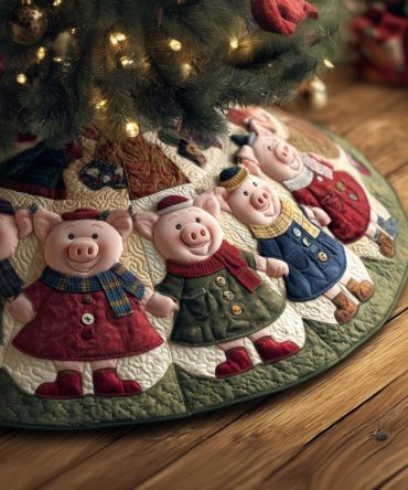 Navy Quilted Christmas Tree Skirt With Red Sweater Pigs — Custom Handmade Holiday Decor, Bold Navy & Festive Red Contrast