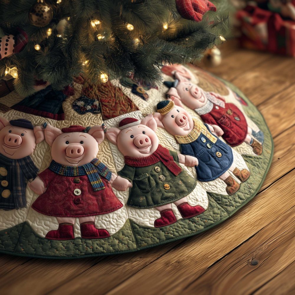 Navy Quilted Christmas Tree Skirt With Red Sweater Pigs — Custom Handmade Holiday Decor, Bold Navy & Festive Red Contrast