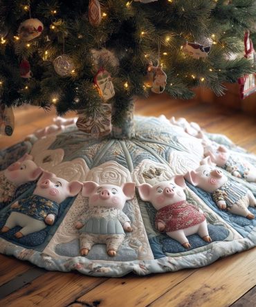White Quilted Christmas Tree Skirt With Festive Pigs In Sweaters - Handmade Made-To-Order Holiday Mat, Soft Cotton & Cozy Finish