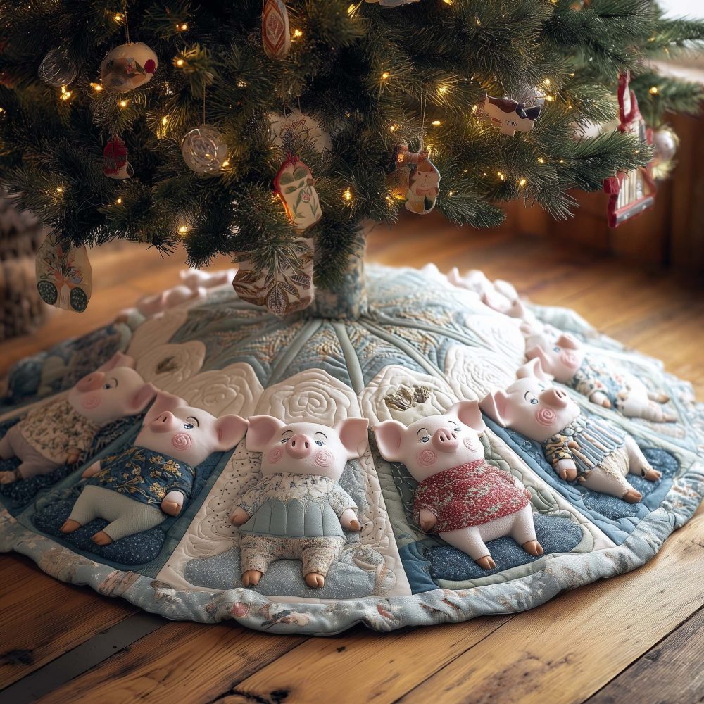 White Quilted Christmas Tree Skirt With Festive Pigs In Sweaters - Handmade Made-To-Order Holiday Mat, Soft Cotton & Cozy Finish