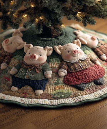 Pair Of Pigs In Knit Sweaters Christmas Tree Skirt - Handcrafted Quilted Holiday Accent, Made-To-Order Cute Farmhouse Decor