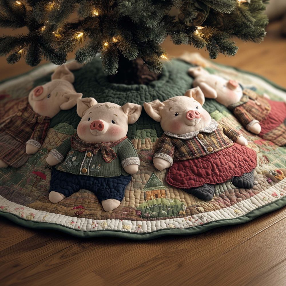 Pair Of Pigs In Knit Sweaters Christmas Tree Skirt - Handcrafted Quilted Holiday Accent, Made-To-Order Cute Farmhouse Decor