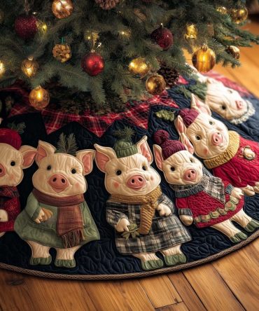 Custom Dark Green Christmas Tree Skirt Featuring Adorable Pigs In Scarves - Handmade Holiday Quilt, Personalized & Gift-Ready