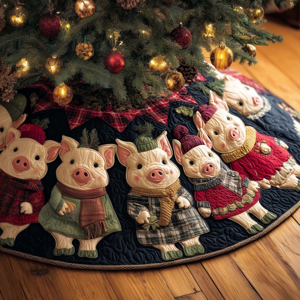 Custom Dark Green Christmas Tree Skirt Featuring Adorable Pigs In Scarves - Handmade Holiday Quilt, Personalized & Gift-Ready