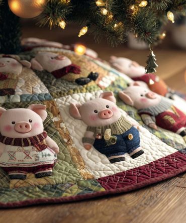 Red & Cream Block Patchwork Christmas Tree Skirt With Playful Pig Motifs — Handmade Holiday Quilted Skirt, Custom Made