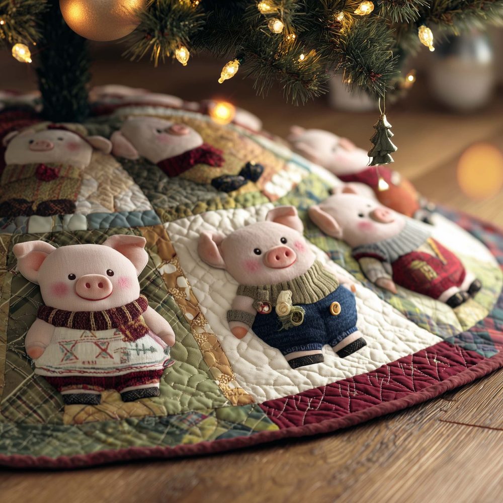 Red & Cream Block Patchwork Christmas Tree Skirt With Playful Pig Motifs — Handmade Holiday Quilted Skirt, Custom Made