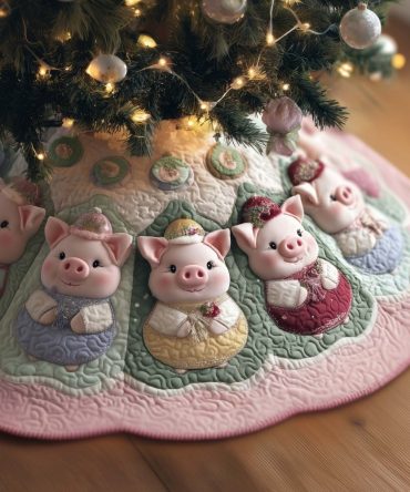 Handmade Pink Quilt Christmas Tree Skirt With Charming Pigs In Bonnets - Made-To-Order Cozy Holiday Fabric Skirt, Gift-Ready