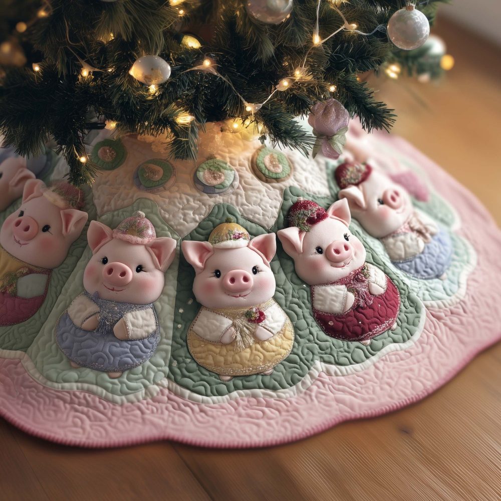 Handmade Pink Quilt Christmas Tree Skirt With Charming Pigs In Bonnets - Made-To-Order Cozy Holiday Fabric Skirt, Gift-Ready