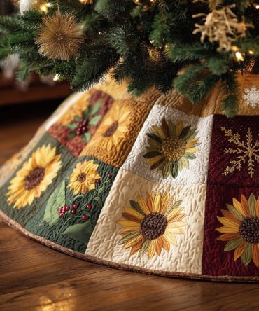 Cream & Green Panel Sunflower Christmas Tree Skirt — Custom Quilted Holiday Skirt, Classic Farmhouse Floral Design