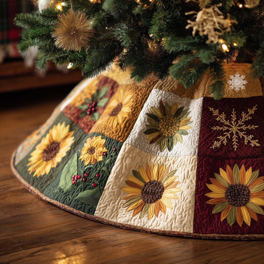 Cream & Green Panel Sunflower Christmas Tree Skirt — Custom Quilted Holiday Skirt, Classic Farmhouse Floral Design