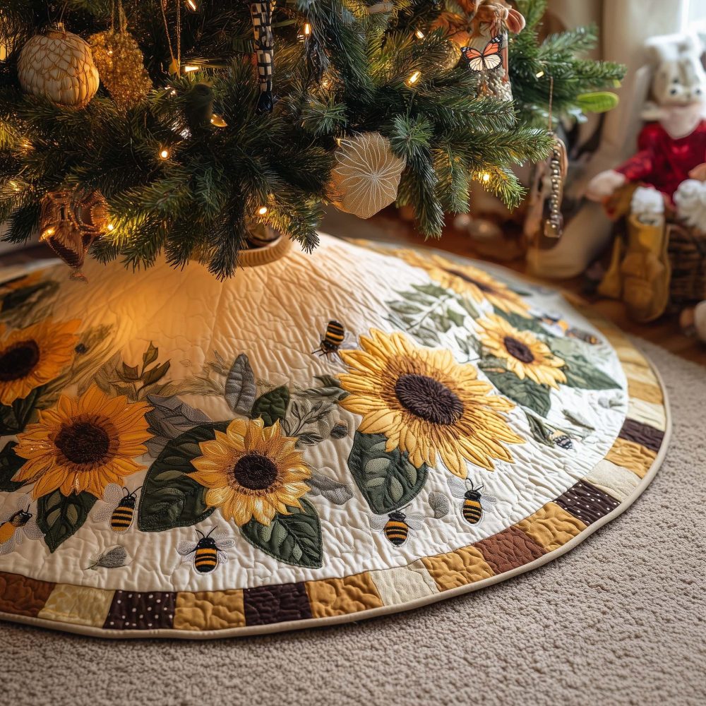 Bright Sunflower Christmas Tree Skirt On White Patch Border — Custom Quilted Holiday Skirt, Fresh Farmhouse Style