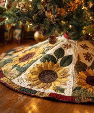 Cream Sunflower Tree Skirt With Snowflakes — Custom Quilted Christmas Skirt, Festive Floral Holiday Accent