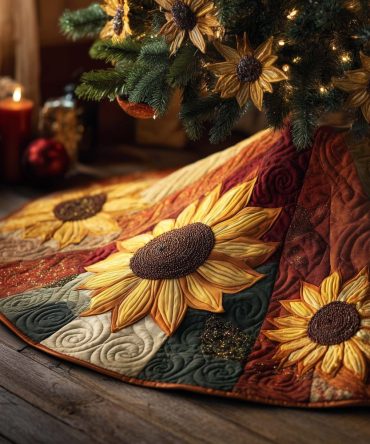 Warm Rust & Green Sunflower Holiday Tree Skirt — Custom Quilted Christmas Skirt With Autumnal Country Vibes