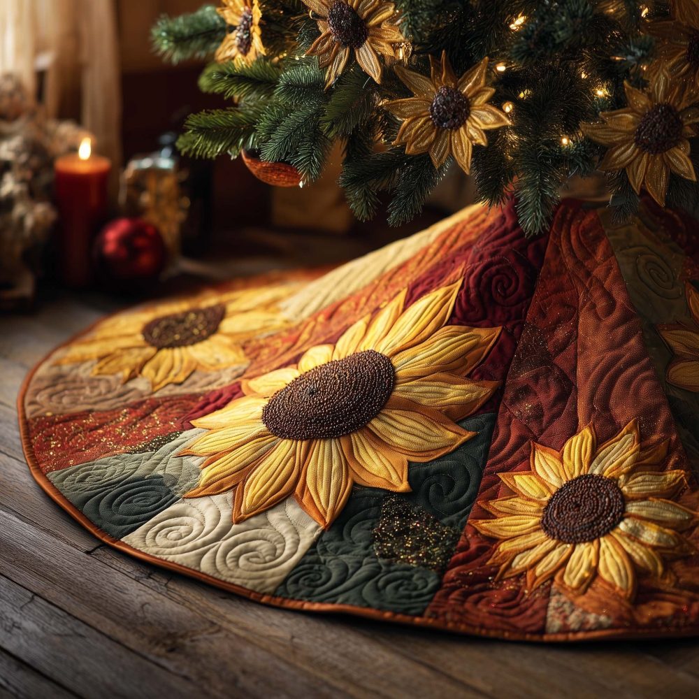 Warm Rust & Green Sunflower Holiday Tree Skirt — Custom Quilted Christmas Skirt With Autumnal Country Vibes