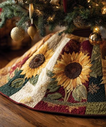 Sunflower Wedge Quilt Tree Skirt With Red Rim — Custom-Made Quilted Christmas Skirt, Bright Rustic Holiday Style