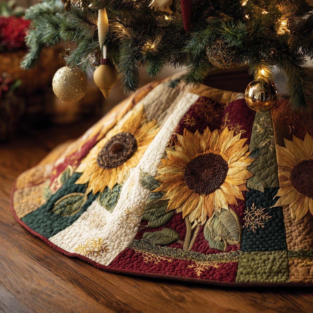 Sunflower Wedge Quilt Tree Skirt With Red Rim — Custom-Made Quilted Christmas Skirt, Bright Rustic Holiday Style