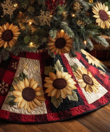 Red & Cream Paneled Sunflower Christmas Tree Skirt — Custom Quilted Holiday Skirt, Charming Country Home Decor