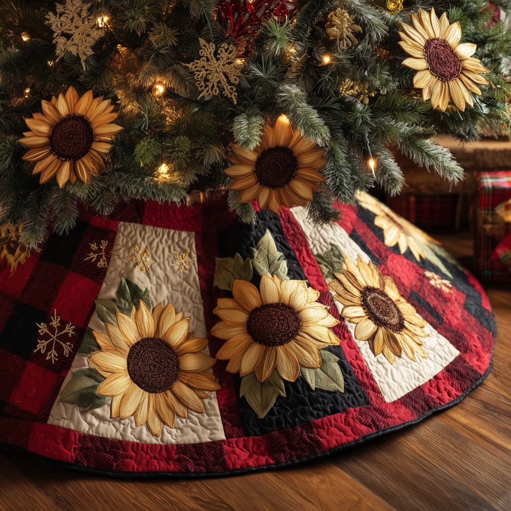 Red & Cream Paneled Sunflower Christmas Tree Skirt — Custom Quilted Holiday Skirt, Charming Country Home Decor