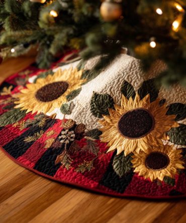 Rustic Sunflower & Pinecone Red Plaid Tree Skirt — Custom Quilted Christmas Skirt With Cozy Country Holiday Charm