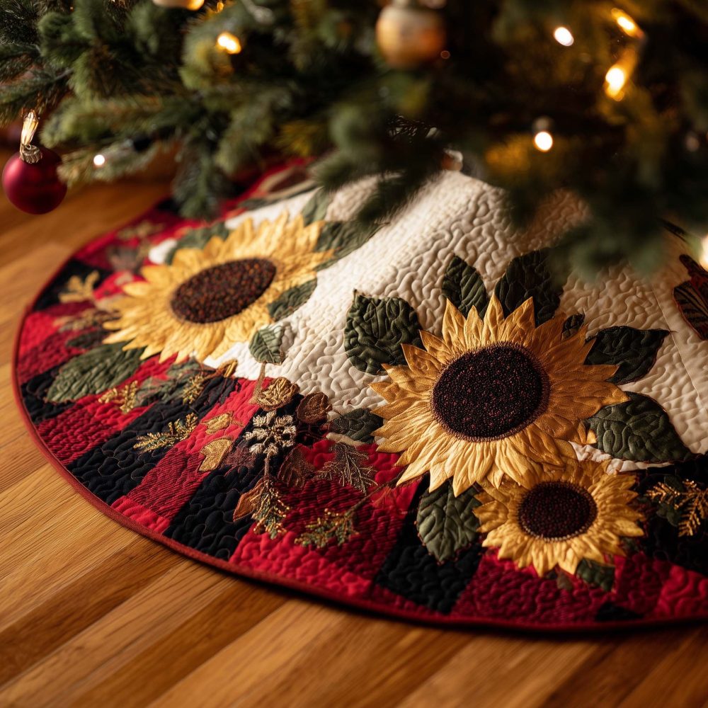 Rustic Sunflower & Pinecone Red Plaid Tree Skirt — Custom Quilted Christmas Skirt With Cozy Country Holiday Charm