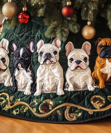 Evergreen Gold French Bulldog Five-Pup Tree Skirt — Luxury Made-To-Order Holiday Base, Plush Finish, Fits Small To Large Trees