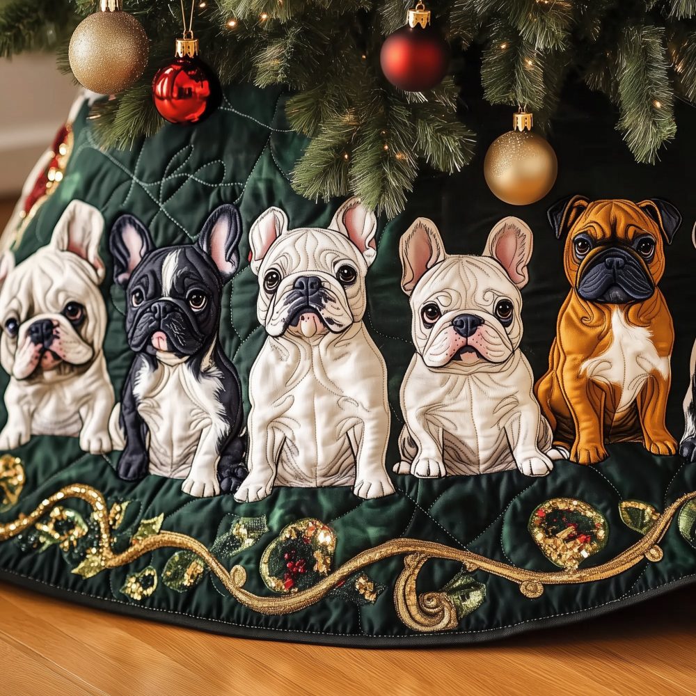 Evergreen Gold French Bulldog Five-Pup Tree Skirt — Luxury Made-To-Order Holiday Base, Plush Finish, Fits Small To Large Trees