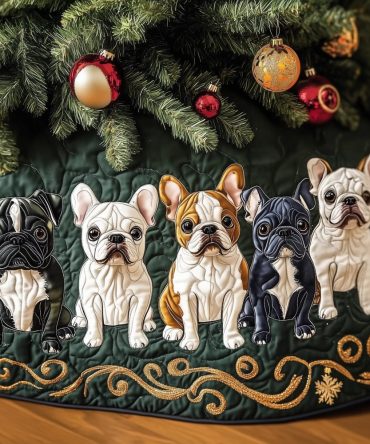 Gold Scroll Frenchie Puppy Christmas Tree Skirt — Elegant Made-To-Order Velvet Accent, Custom Sizing Available