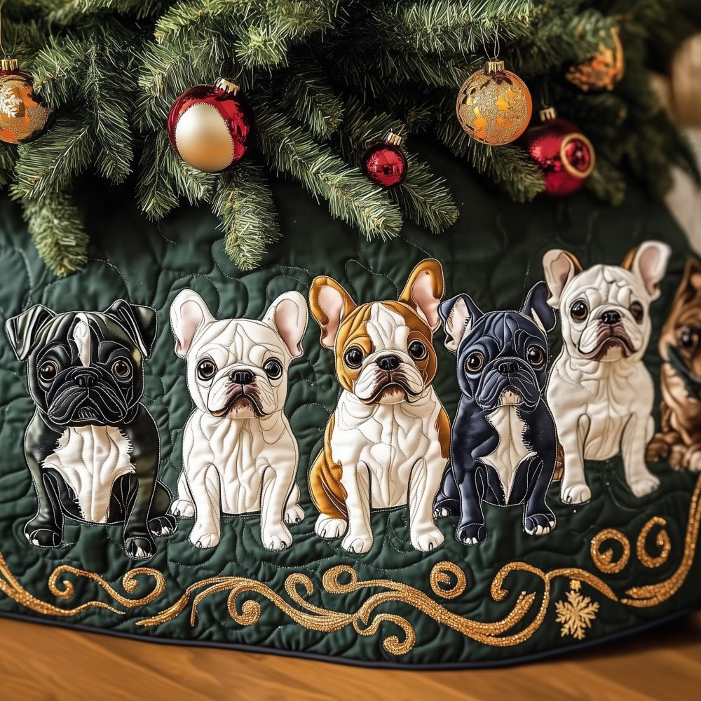 Gold Scroll Frenchie Puppy Christmas Tree Skirt — Elegant Made-To-Order Velvet Accent, Custom Sizing Available