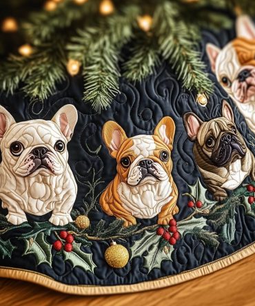 Festive Holly Border French Bulldog Tree Skirt — Made-To-Order Red & Green Holiday Skirt, Durable, Machine-Washable Option
