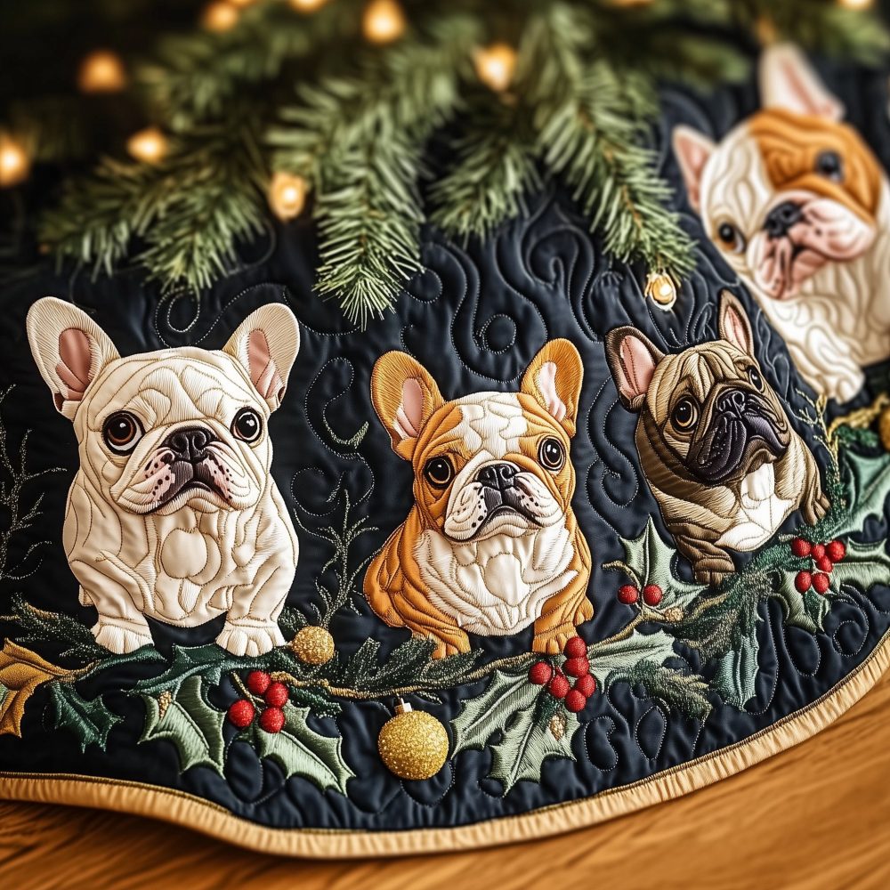 Festive Holly Border French Bulldog Tree Skirt — Made-To-Order Red & Green Holiday Skirt, Durable, Machine-Washable Option