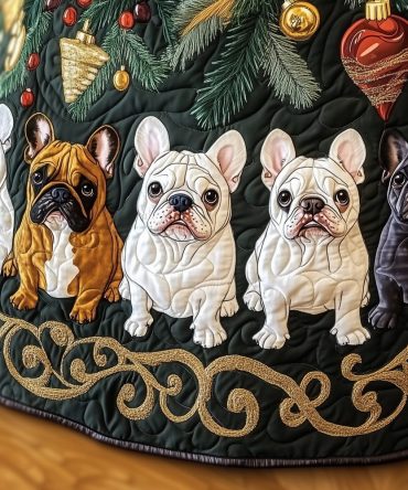 Forest Green French Bulldog Quartet Tree Skirt — Handmade Made-To-Order Holiday Floor Mat, Plush Velvet, Custom Sizes