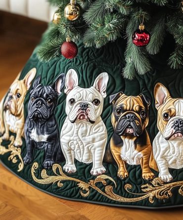 Ornate Gold Filigree Frenchie Christmas Tree Skirt — Made-To-Order Velvet Base, Luxury Holiday Decor, Custom Sizes
