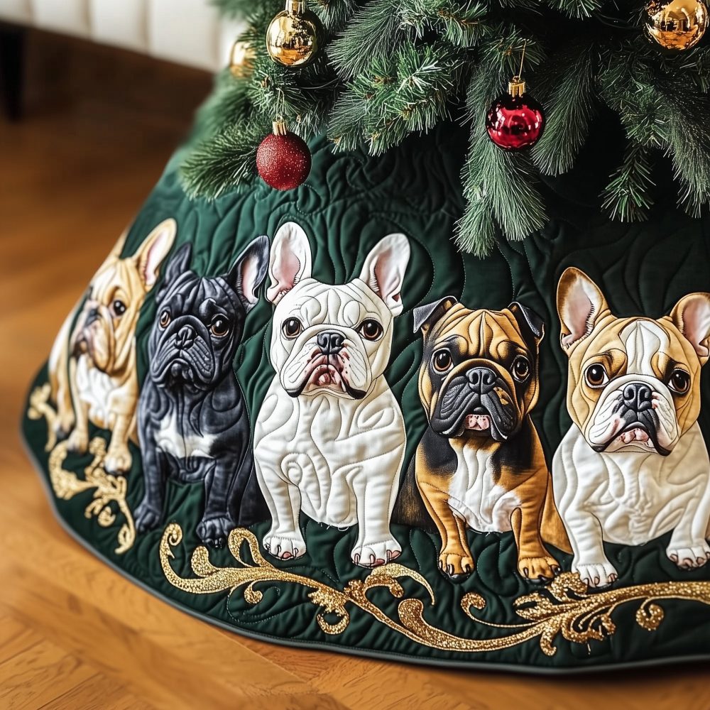 Ornate Gold Filigree Frenchie Christmas Tree Skirt — Made-To-Order Velvet Base, Luxury Holiday Decor, Custom Sizes