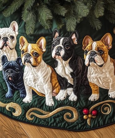 Elegant Emerald Swirl French Bulldog Tree Skirt — Made-To-Order Holiday Accent, Durable Plush, Custom Sizes