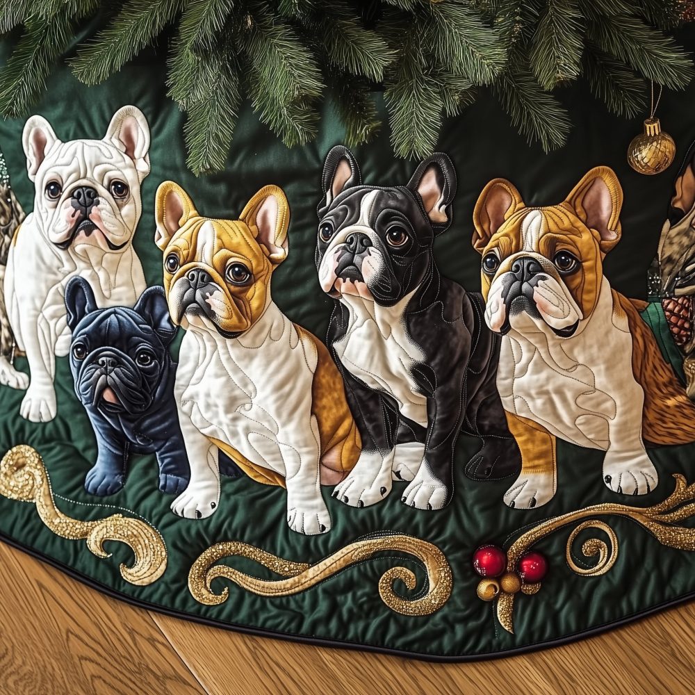 Elegant Emerald Swirl French Bulldog Tree Skirt — Made-To-Order Holiday Accent, Durable Plush, Custom Sizes